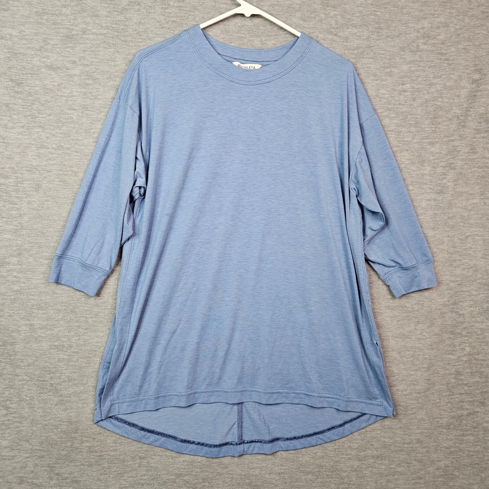 Athleta Breezy Scoop V T-Shirt Blue Heathered 3/4 Sleeve High-Low Hem Small S